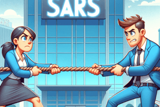 Two individuals engaged in a tug-of-war, symbolizing the struggle to obtain SARS correspondence