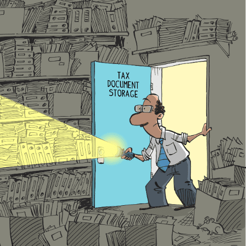 Cartoon man searching for documents in a dark room