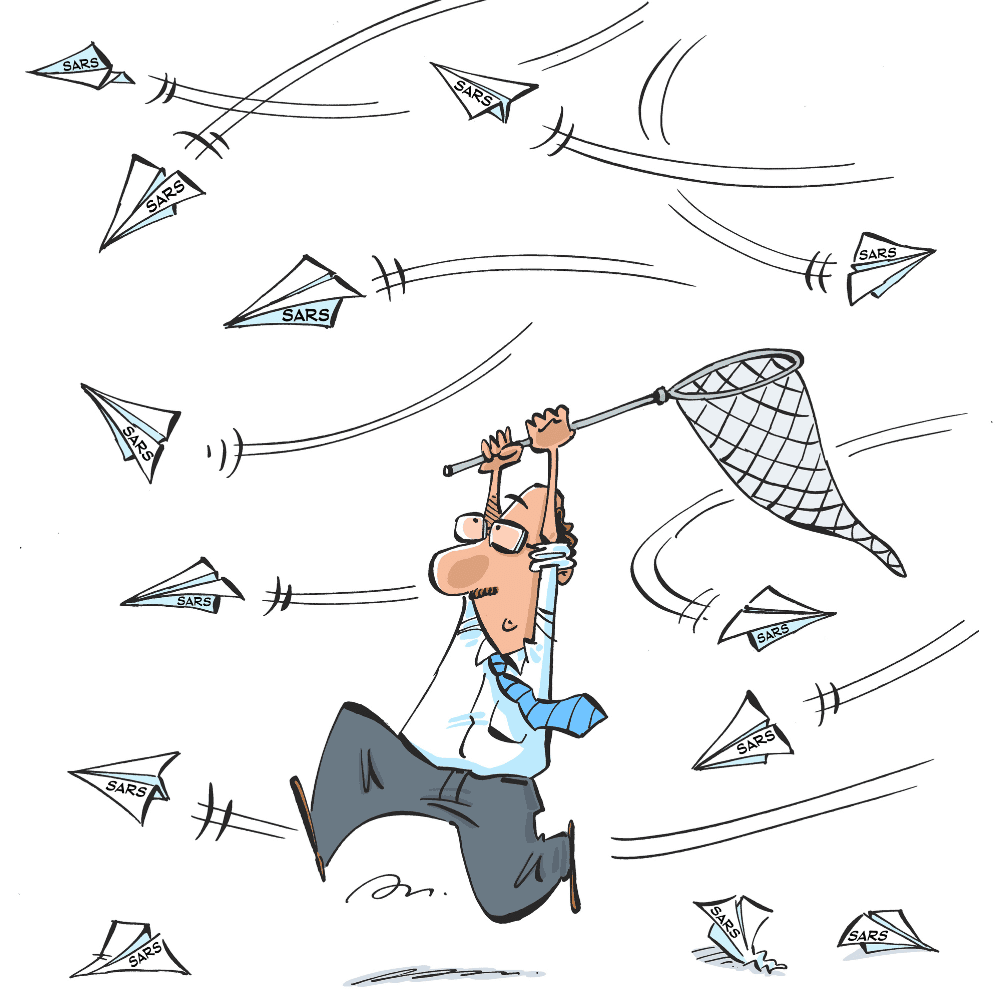 Image of a tax professional with a butterfly net, depicting the pursuit of SARS correspondence