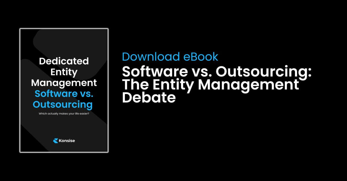 entity-management-vs-outsourcing-guide-konsise - Konsise Ebook cover comparing in-house entity management software versus outsourcing secretarial services.