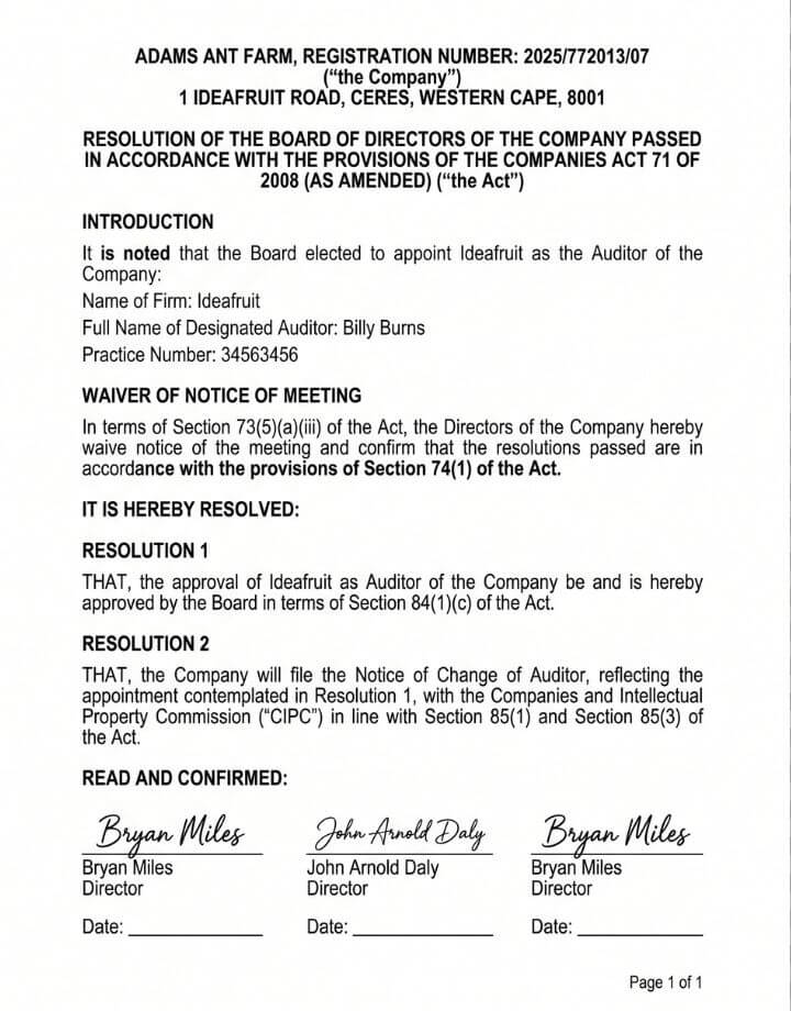 Sample board resolution template