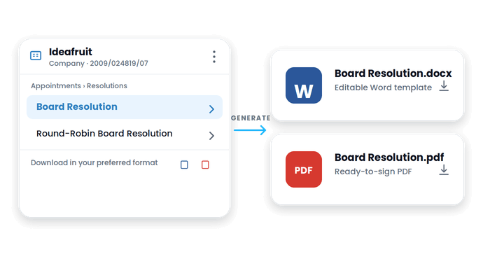 Preview of company secretary resolution templates available for export and editing in PDF and Microsoft Word within Konsise.